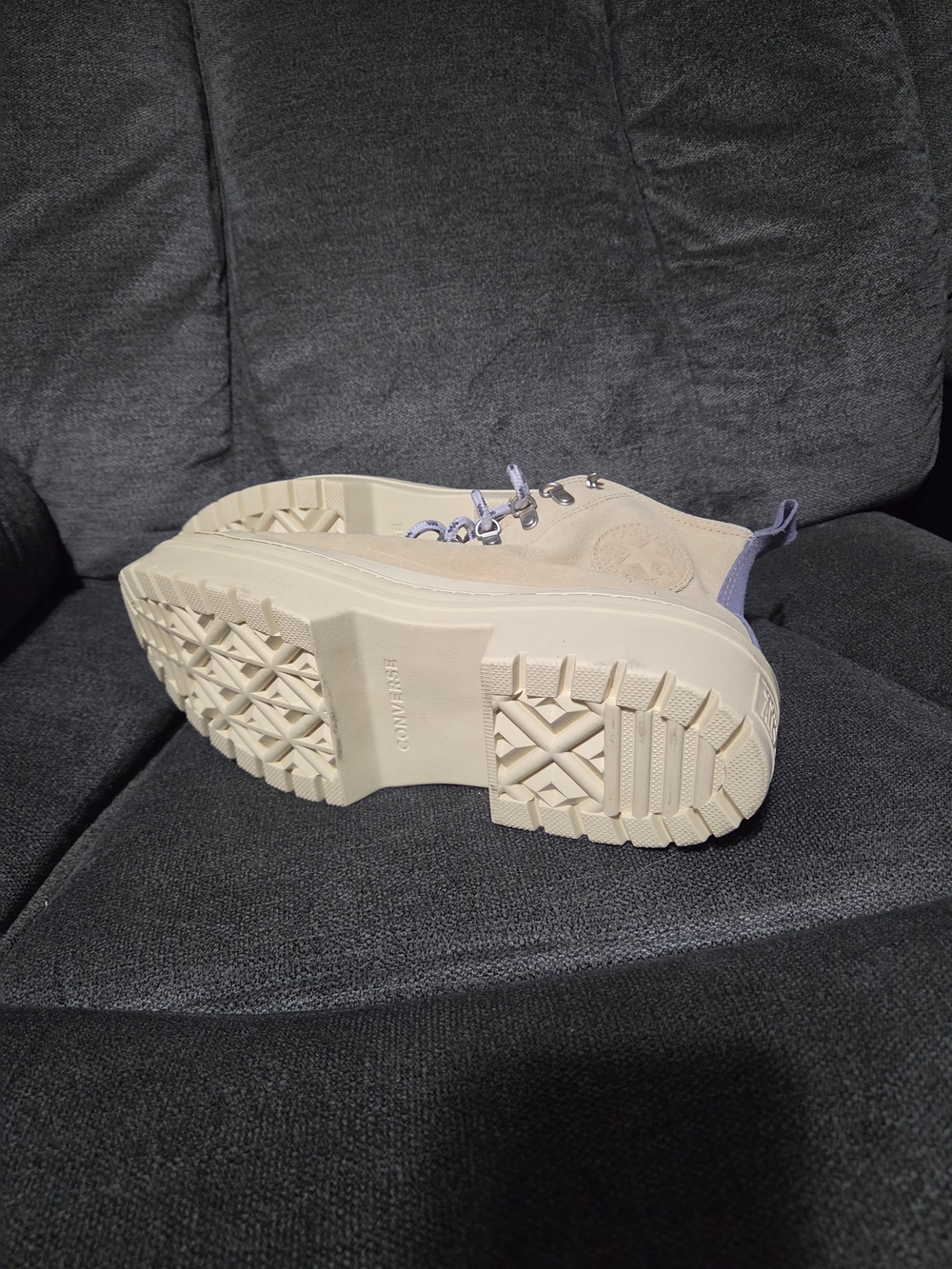 Converse Beige Canvas Platform Lace-Up High-Top Boots with Lavender Accents - Picture 5 of 6